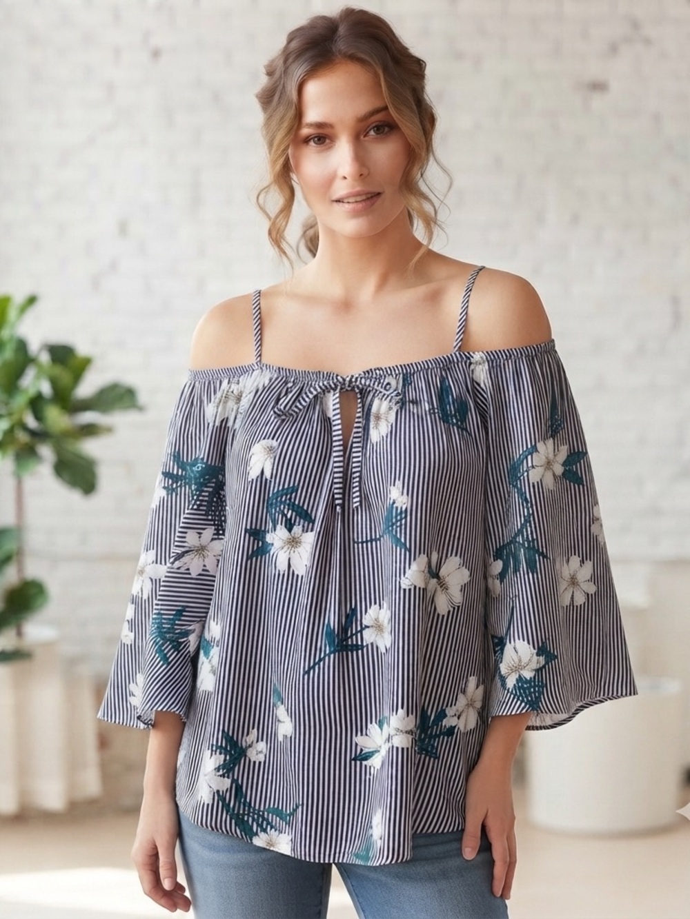 Pinkblush Navy and White Floral Striped Off-Shoulder Blouse